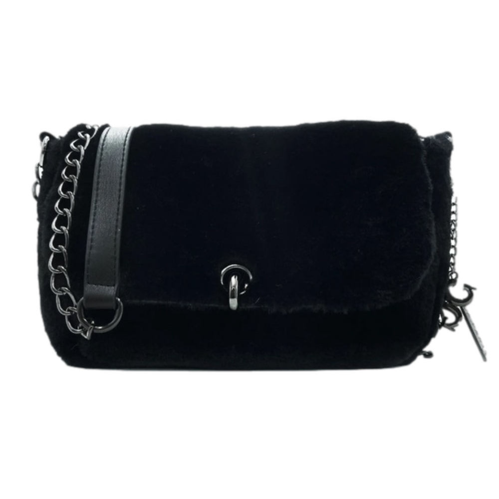 Gilda Paris Black Faux Fur Crossbody Bag Chain Vegan Leather Strap Nwt!